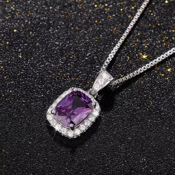 NEW 925 Sterling Silver Amethyst Diamond Necklace - Picture 4 of 5